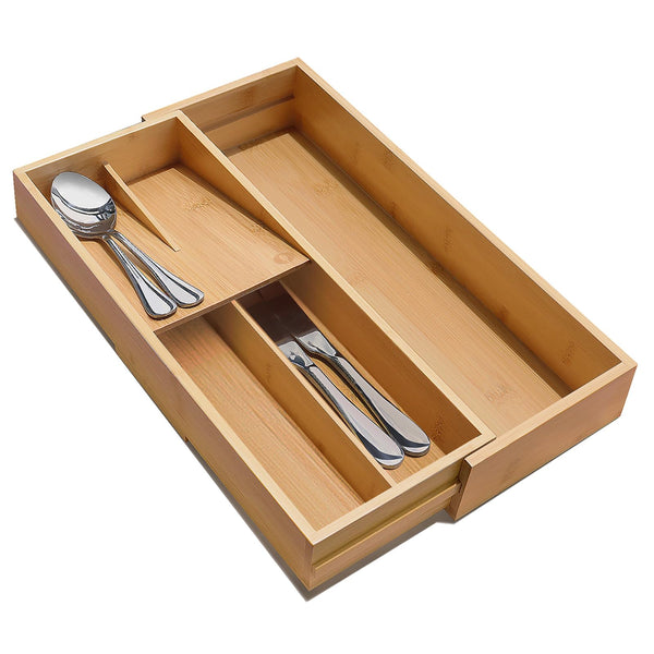 Expandable Bamboo Drawer Organizer - Adjustable Silverware & Utensil Tray