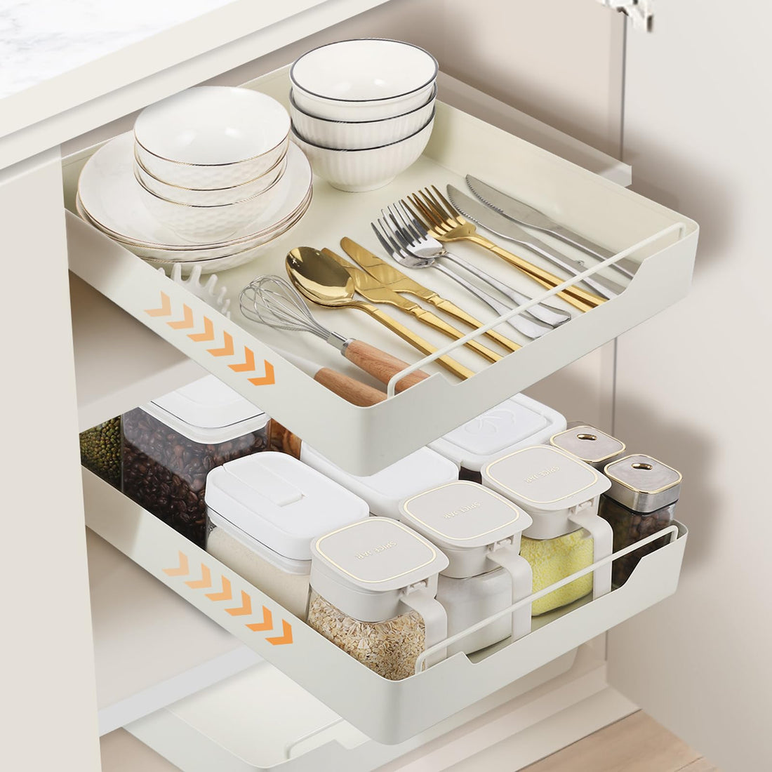 Expandable Pull-Out Cabinet Organizer - Heavy-Duty Slide-Out Kitchen Drawer Shelf