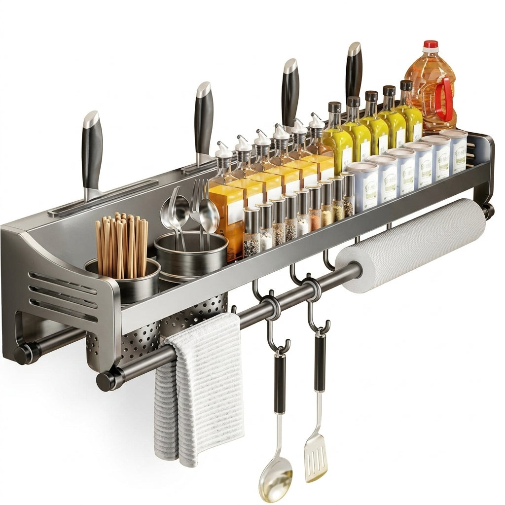 Wall-Mounted Kitchen Utensil Rack - Hanging Shelf with Hooks & Towel Bar